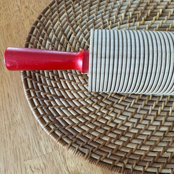 Lefse Wood Rolling Pin Grooved Corrugated Red Handle for Scandinavian Flatbread - Picture 2 of 12